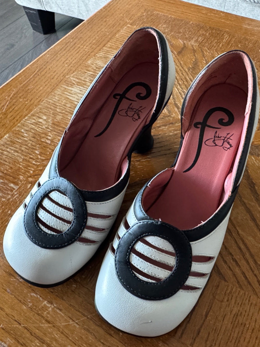 John Fluevog Ruby, White and Black, Round-Toe Heels with Pink Lining